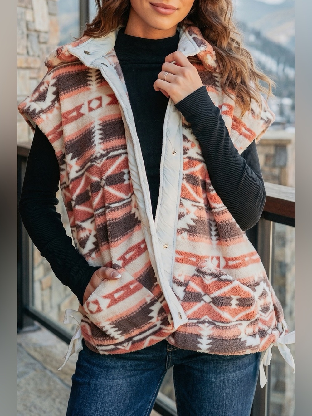 Geometric Print Fleece Metal Button Placket Shift Silhouette Vest